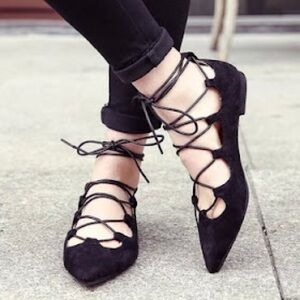 Black suede ankle tie flats